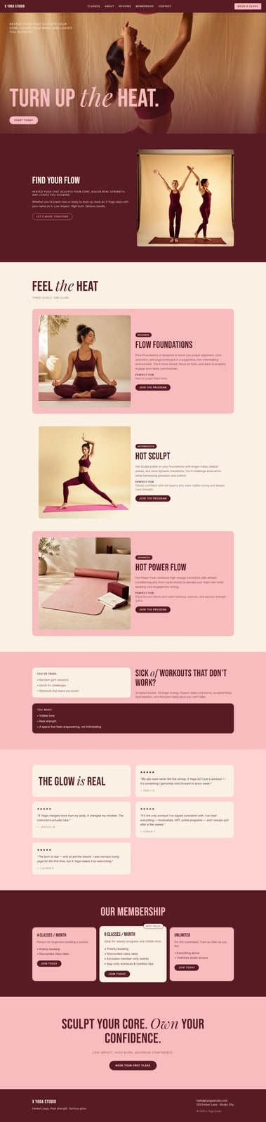 Heated yoga studio website by NurAI
