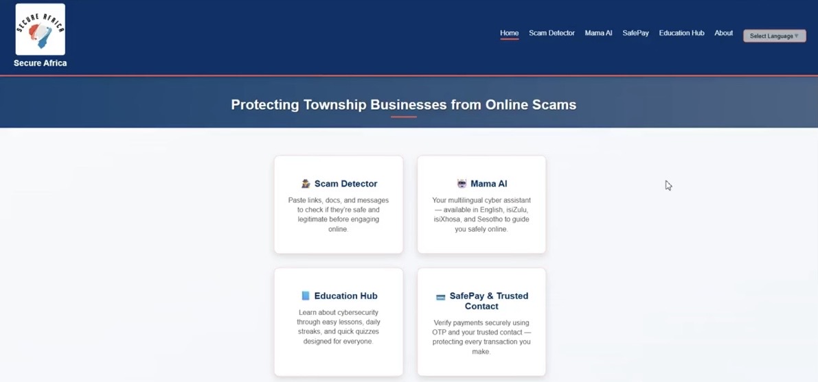Secure Africa home page with scam detector, Mama AI, education hub and SafePay